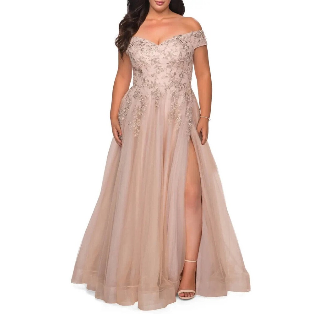 La Femme Blush Pink Off-Shoulder Embroidered Tulle Gown